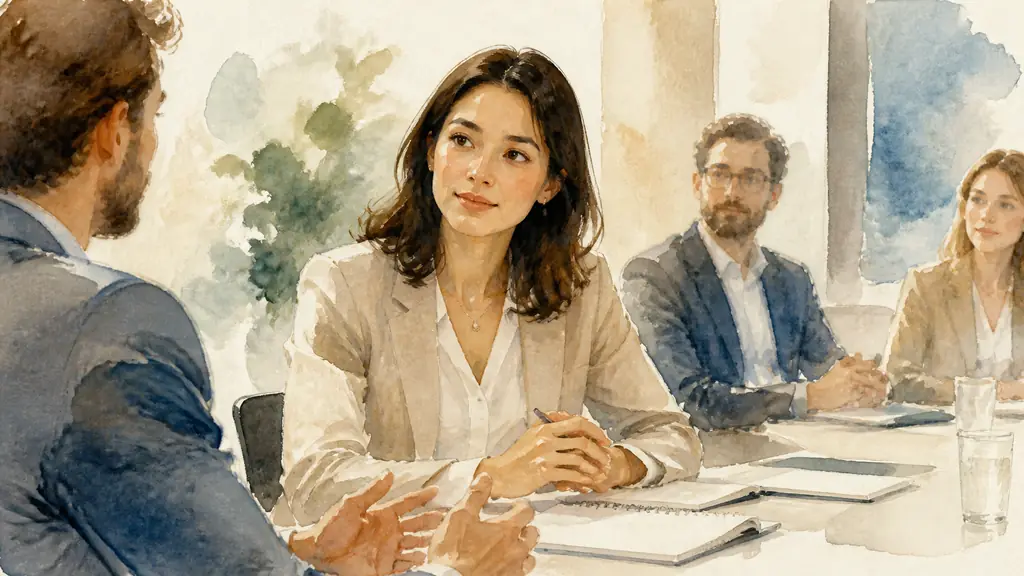 Editorial photograph of an introverted woman in a professional meeting, seated with an open posture, maintaining calm eye contact while listening attentively to a colleague, natural hand gestures, no text or logo