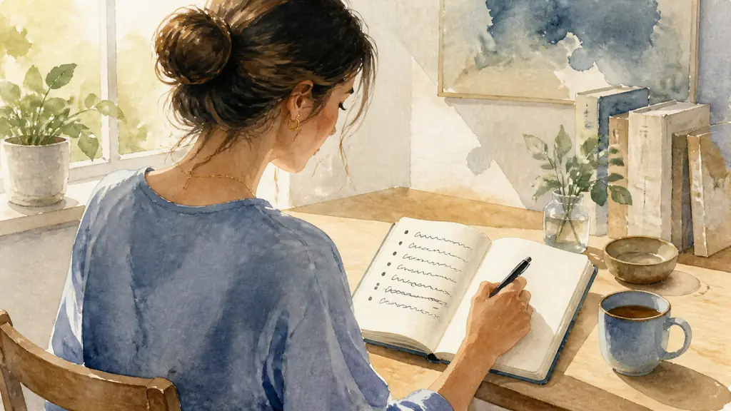 Editorial photograph of a woman at a wooden desk writing a list of personal qualities and achievements in an open notebook, with a crossed-out self-critical sentence replaced by a balanced positive statement, natural daylight, no text or logo
