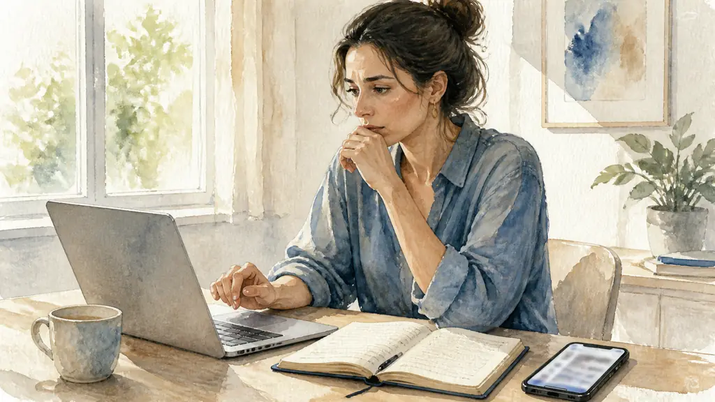 Editorial photograph of a woman at a desk hesitating before sending an email, with a smartphone showing a blurred social media feed and a notebook beside her, natural window light, no text, no logo