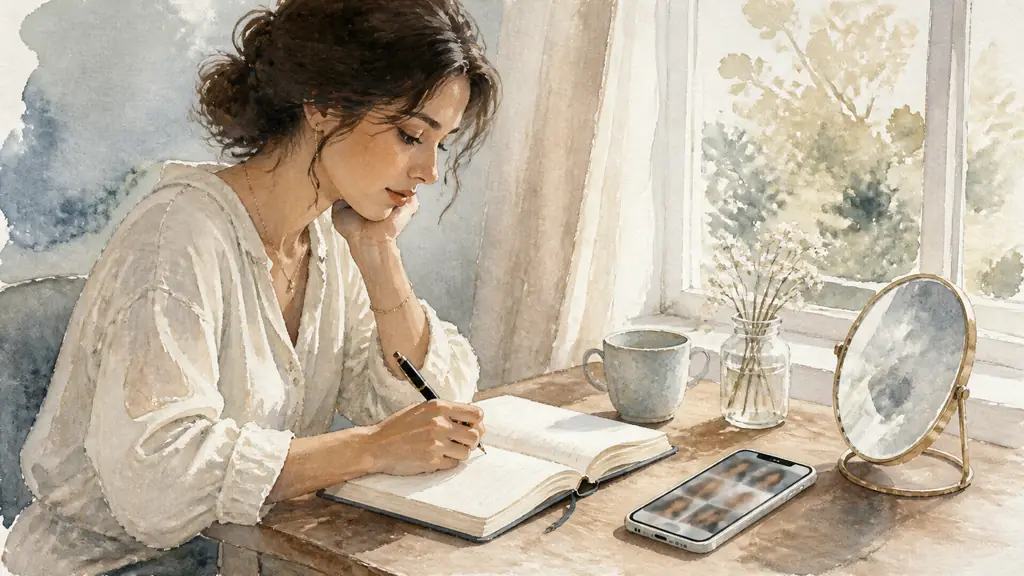 Editorial photograph of a woman writing childhood messages in a journal beside a smartphone displaying blurred social media portraits and a small mirror, natural window light, no text, no logo