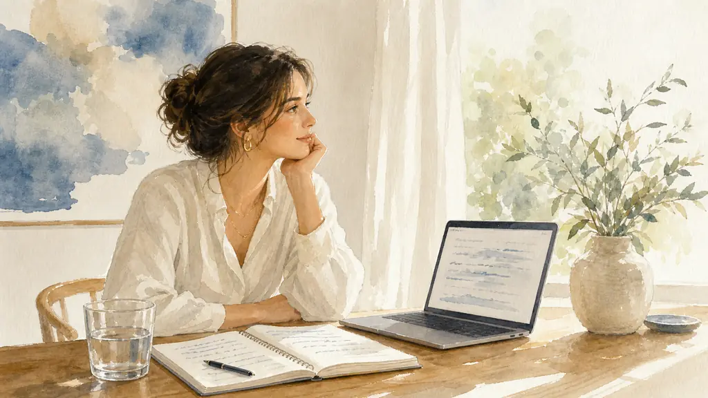 Editorial photo of a woman at a wooden table with an open coaching notebook, a glass of water, and a laptop showing handwritten session notes, natural daylight, no text or logo