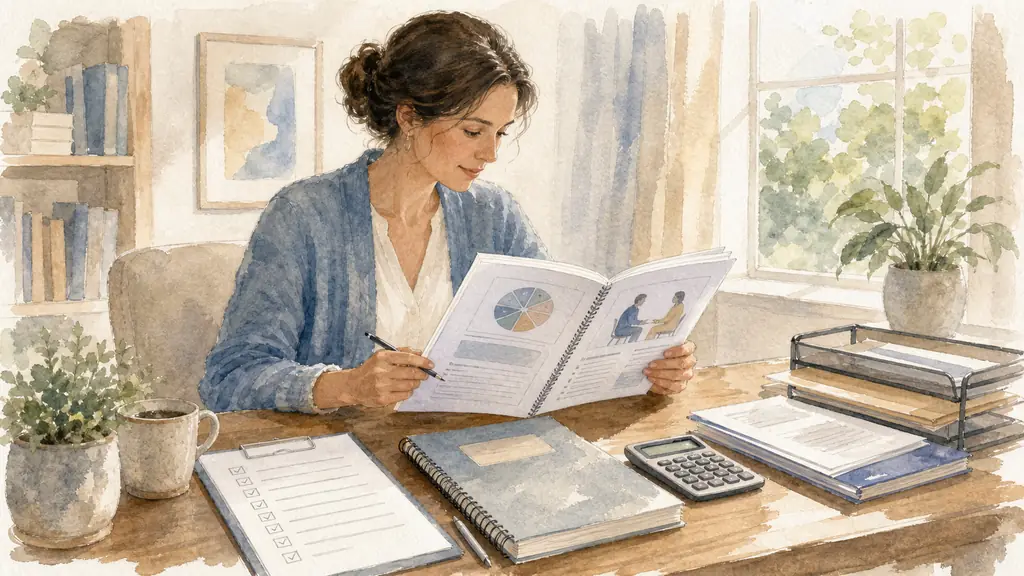 Editorial photo of a woman reviewing a coaching training workbook at a wooden desk, with a printed ethics checklist, a notebook titled first sessions, and a calculator beside administrative papers, natural daylight, no text or logo