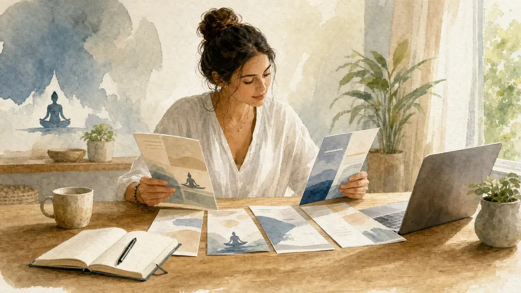 editorial documentary photo of a woman comparing yoga teacher training brochures at a wooden table, notebook, laptop, calm natural light, professional wellness atmosphere, no text, no logo