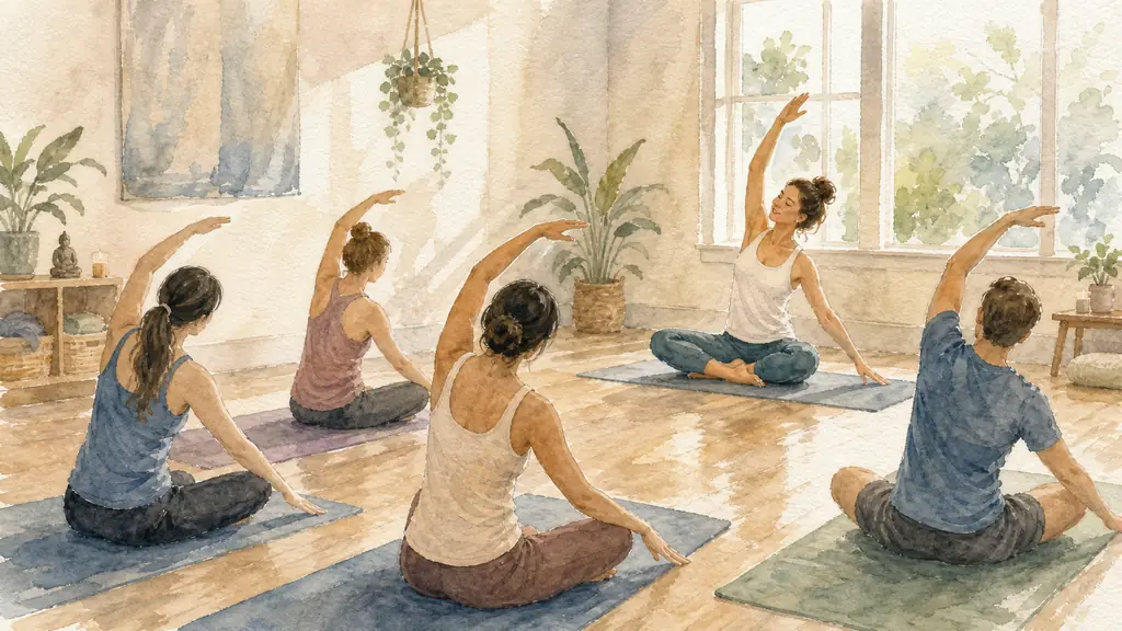 editorial documentary photo of a beginner yoga teacher leading a small intimate class in a bright local studio, a few students on mats, calm focused atmosphere, natural light, no text, no logo