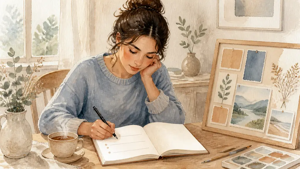 Woman writing three reflective questions in an open journal beside a simple vision board and a cup of tea in a calm home setting, natural editorial photography, no text or logo