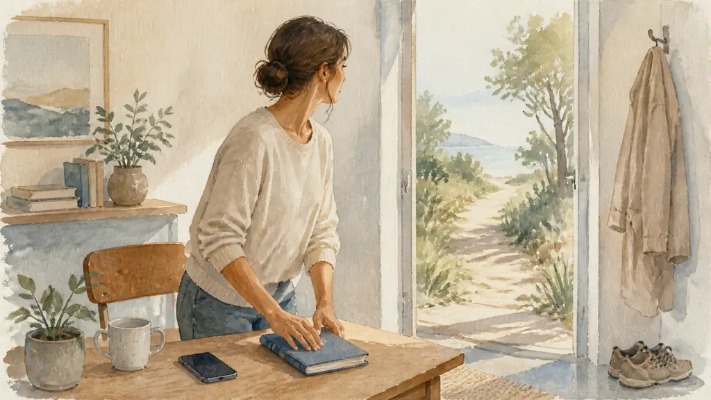 Woman closing a journal beside a face-down smartphone, then preparing to take a quiet walk from a calm home workspace, natural editorial photography, no text or logo