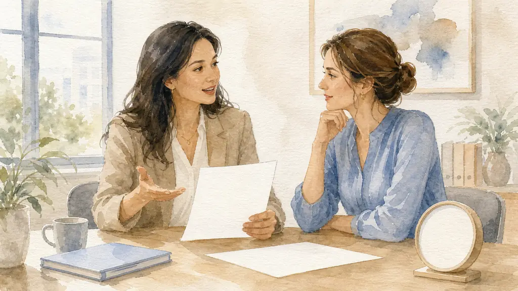 Editorial photograph of two female colleagues calmly discussing a blank printed document beside a desk clock, one speaking with an open hand gesture while the other listens attentively, natural office light, no text, no logo
