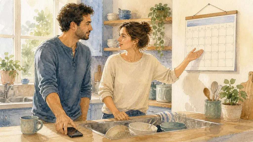 Editorial photograph of a couple calmly talking beside an unfinished sink of dishes, one person setting down a smartphone while the other gestures toward a shared calendar, natural home light, no text, no logo