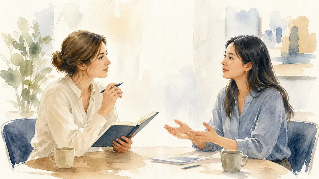 Editorial photograph of two female colleagues seated across a small meeting table, one reformulating while holding a notebook, the other listening with open palms, calm eye contact and relaxed posture