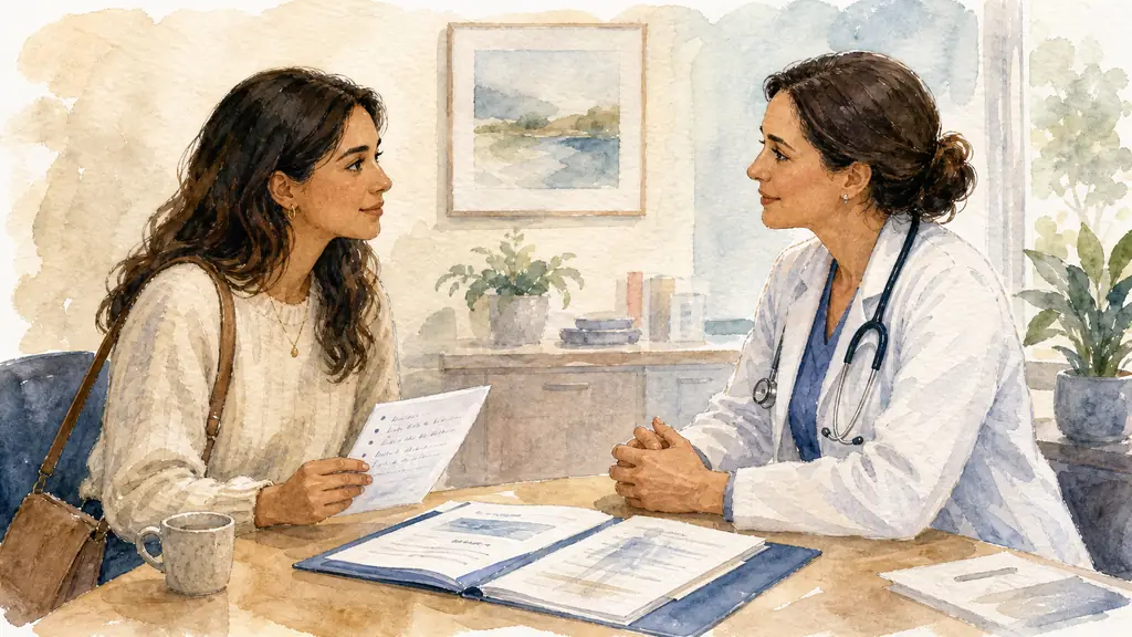 Editorial photograph of a woman speaking with a healthcare professional across a desk, an open medical folder between them, the woman holding a handwritten question list while maintaining calm eye contact