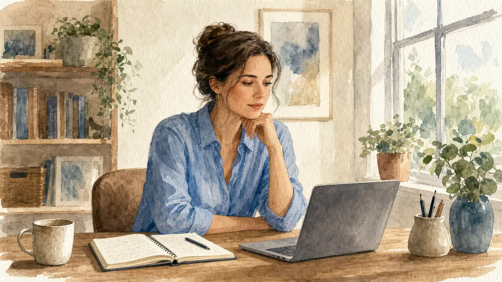 Editorial photo of a woman at a wooden desk, pausing before sending an important email on her laptop, a notebook with handwritten notes beside her, soft natural light, thoughtful but steady expression, realistic home office, no text, no logo
