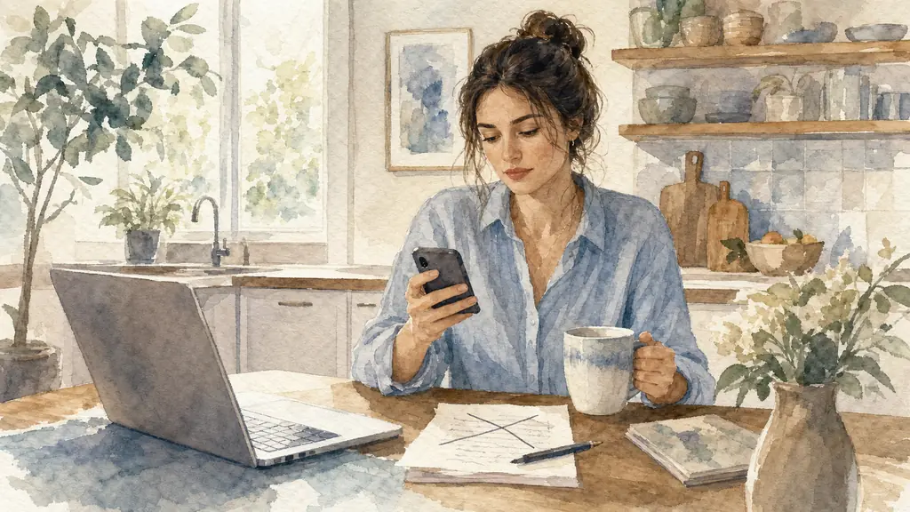 Editorial photo of a woman in a bright kitchen-dining space, rereading a message on her phone while a laptop sits open nearby, a crossed-out handwritten note on the table, calm appearance but tense hand on the mug, realistic lifestyle photography, no text, no logo