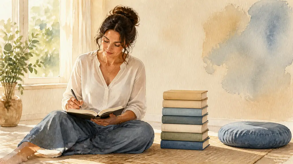 Woman seated beside a stack of seven self-development books, writing one practical exercise in a notebook with a meditation cushion nearby, warm natural light, editorial photography, no text, no logo