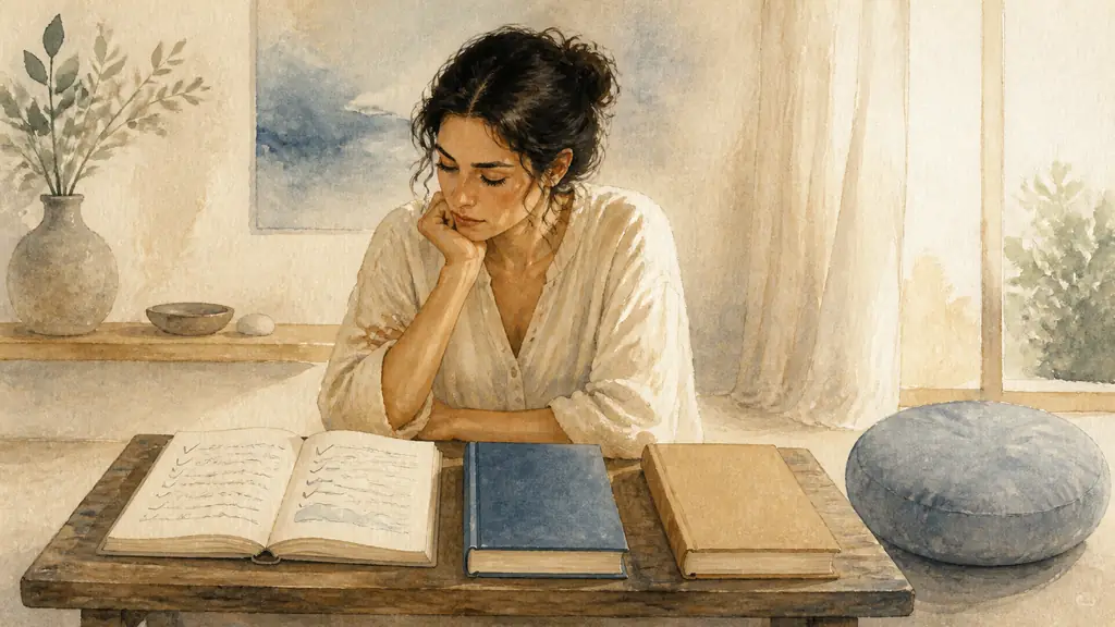 Woman comparing a practical workbook with handwritten exercises, a philosophy book and an initiatory novel, beside a meditation cushion, editorial photography, no text, no logo