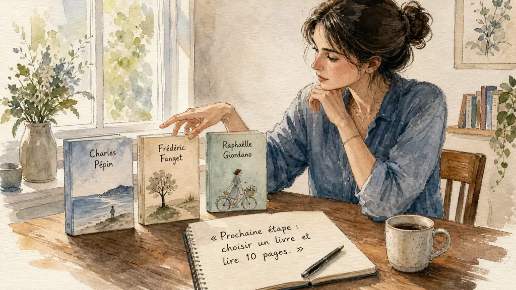 Editorial photograph of a woman at a wooden table choosing between books by Charles Pépin, Frédéric Fanget and Raphaëlle Giordano, with an open notebook showing a handwritten action step, no visible logos