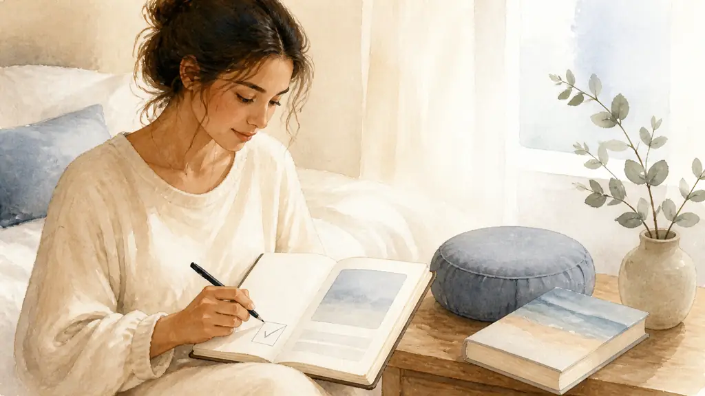 Editorial photograph of a woman ticking one small exercise in an open workbook beside a meditation cushion and an initiatory novel on a bedside table, no visible text or logo