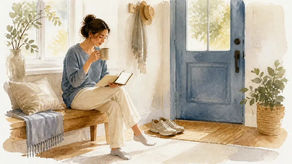 Editorial photograph of a woman finishing her morning coffee, placing walking shoes beside the door and checking a small habit notebook, soft natural light, no text, no logo