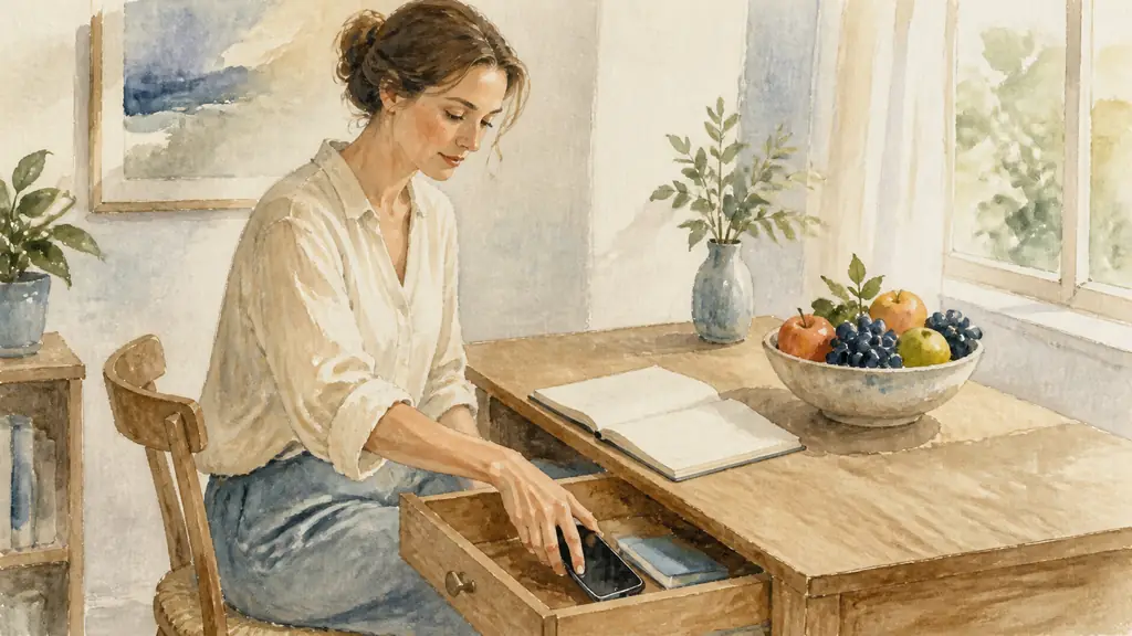 Editorial photograph of a woman placing her phone inside a desk drawer beside an open notebook, with a fruit bowl visible nearby, soft natural home-office light, no text, no logo