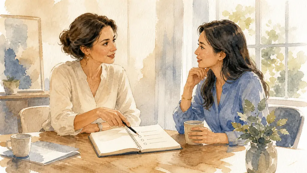 Two female colleagues seated face to face after a meeting, one pointing to a handwritten preparation checklist in an open notebook while the other listens attentively, warm natural office light, editorial photography, no text, no logo