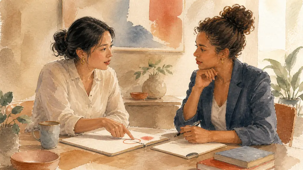 Two female colleagues talking face to face in a quiet meeting room, one pointing to a late report deadline written in a shared notebook while the other responds thoughtfully, warm editorial photography, no text, no logo