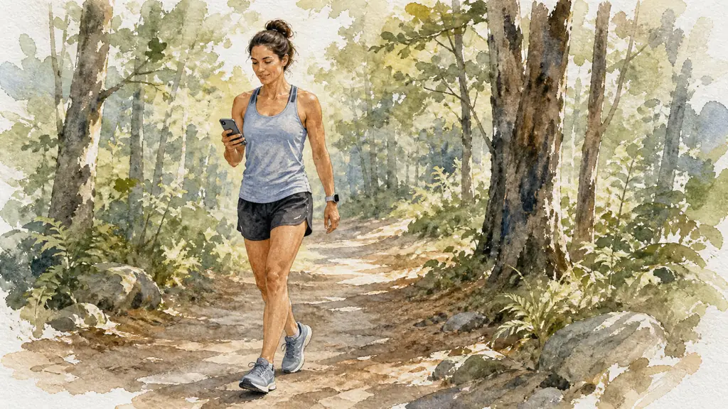 Woman doing a guided interval running session on a wooded trail, checking her recovery phase on a smartphone while wearing running shoes and a fitness watch, natural editorial photography, no text, no logo
