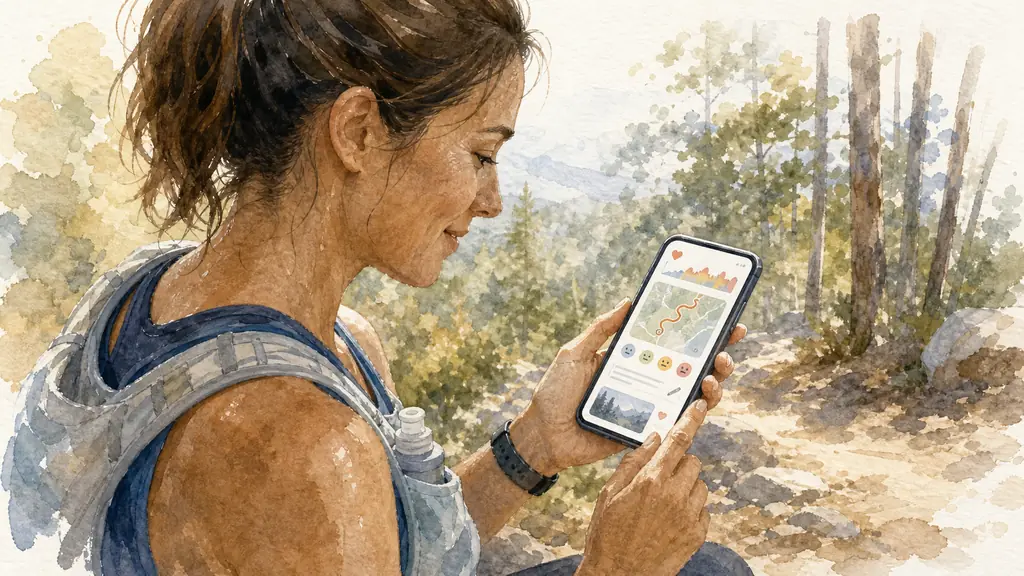 Woman reviewing heart rate zones and a GPS route on her smartphone after a run, adding a personal feeling note and a trail photo, natural editorial photography, no text, no logo
