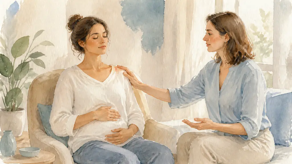 Editorial photograph of a woman seated comfortably with one hand on her abdomen, practicing deep diaphragmatic breathing beside a sophrologist guiding gentle shoulder relaxation, soft natural light, no text, no logo
