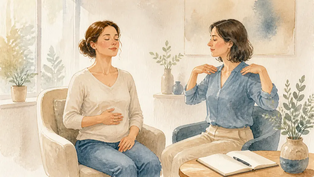 Editorial photograph of a woman seated upright practicing diaphragmatic breathing with one hand on her abdomen while a sophrologist gently demonstrates a slow shoulder movement, notebook ready for post-session reflection, natural light, no text, no logo
