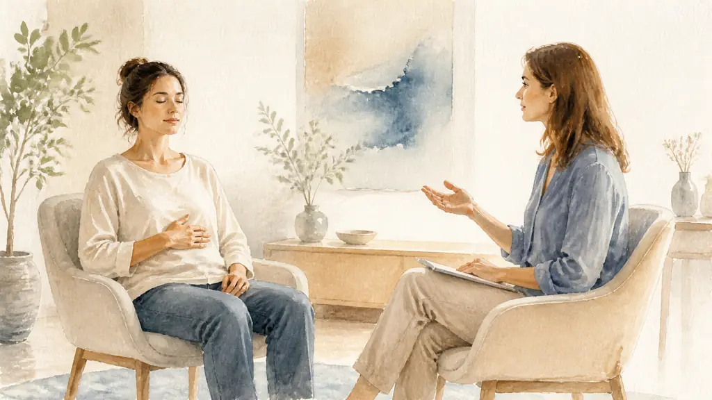 Editorial photograph of a seated woman practicing diaphragmatic breathing with one hand on her abdomen, eyes gently closed, while a sophrologist guides her verbally from a nearby chair, no physical contact, no text, no logo