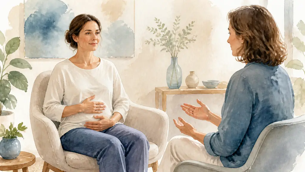 Editorial photograph of a seated woman with one hand resting on her abdomen during diaphragmatic breathing, eyes focused softly ahead, while a sophrologist gives verbal guidance from a short distance, no physical contact, no text, no logo