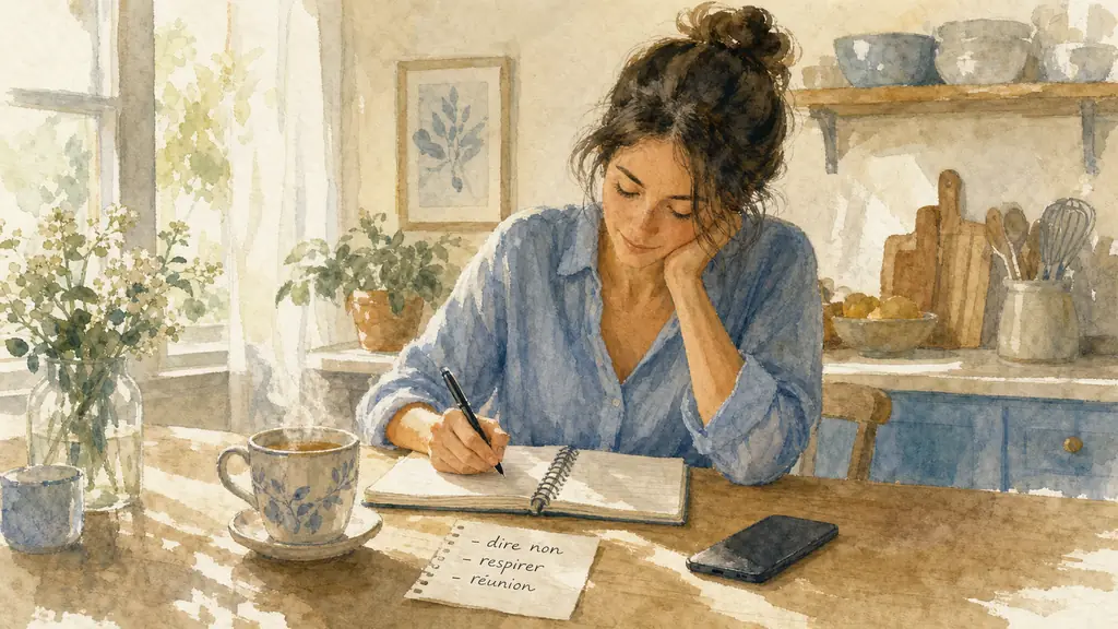 Editorial photo of a woman at a wooden kitchen table writing in a notebook beside a cup of tea, with a smartphone face down and a small handwritten list that includes 'dire non', 'respirer', and 'réunion' visible, natural morning light, no text overlay, no logo