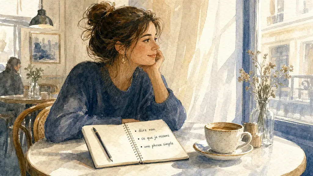 Editorial photo of a woman sitting at a small café table with a notebook open, a handwritten list showing 'dire non', 'ce que je ressens', and 'une phrase simple', a cup of coffee beside her, soft natural light, no text overlay, no logo
