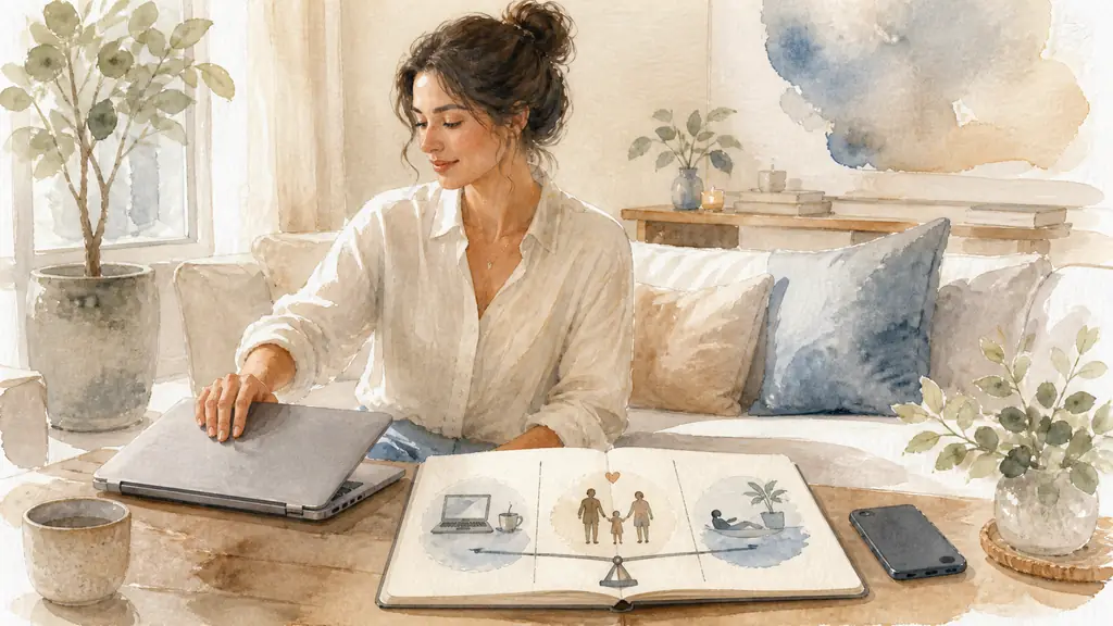 Editorial photograph of a woman closing her laptop on a living room table beside a notebook mapping work, family and rest, with her phone placed face down