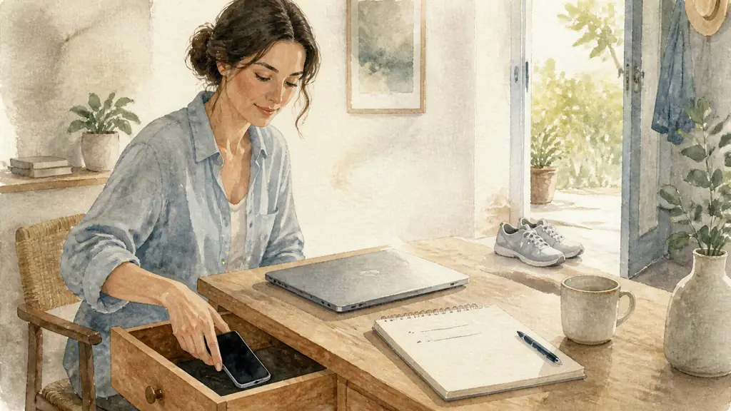 Editorial photograph of a woman placing her phone in a drawer beside a closed laptop, with a notebook showing two handwritten priorities and walking shoes near the doorway