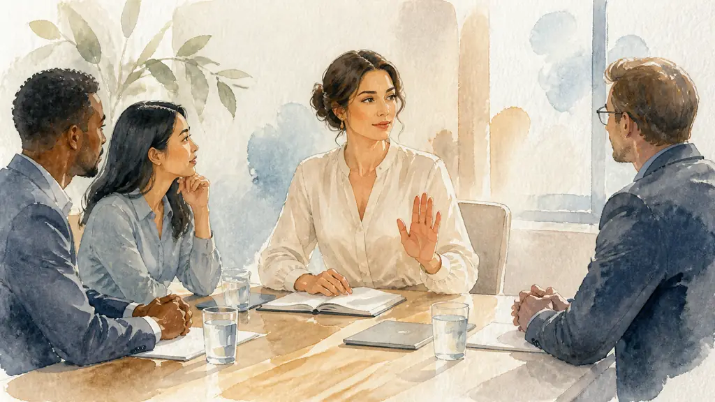 editorial photograph of a woman in a professional meeting calmly declining a request, seated upright with an open notebook and colleagues listening