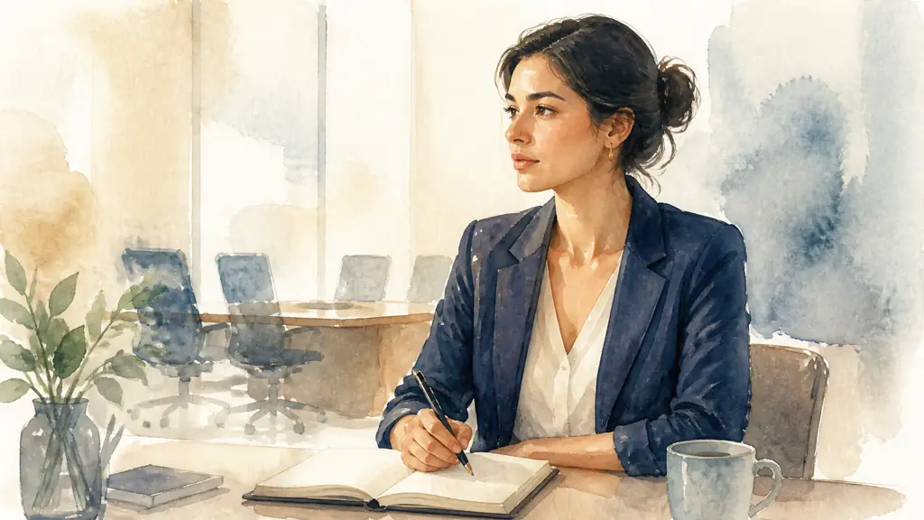 editorial photograph of a woman writing down a feared workplace request in a notebook before a team meeting, rehearsing her words with a calm upright posture, no text or logo