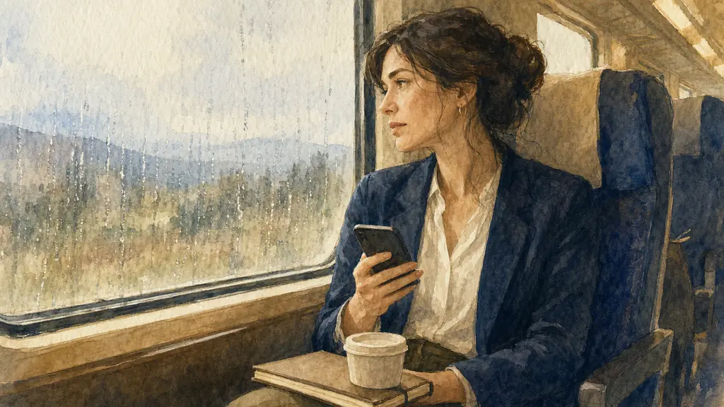 editorial photo of a thoughtful woman in a navy blazer sitting by a rainy train window, holding a smartphone after comparing herself online, with a closed notebook and a coffee cup on her lap, soft natural light, no text, no logo