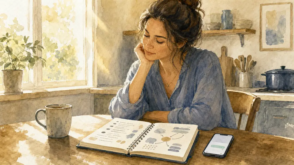 editorial photo of a woman at a kitchen table with an open notebook listing triggers and automatic thoughts, a phone beside her after sending a message, soft morning light, ceramic mug, no text, no logo