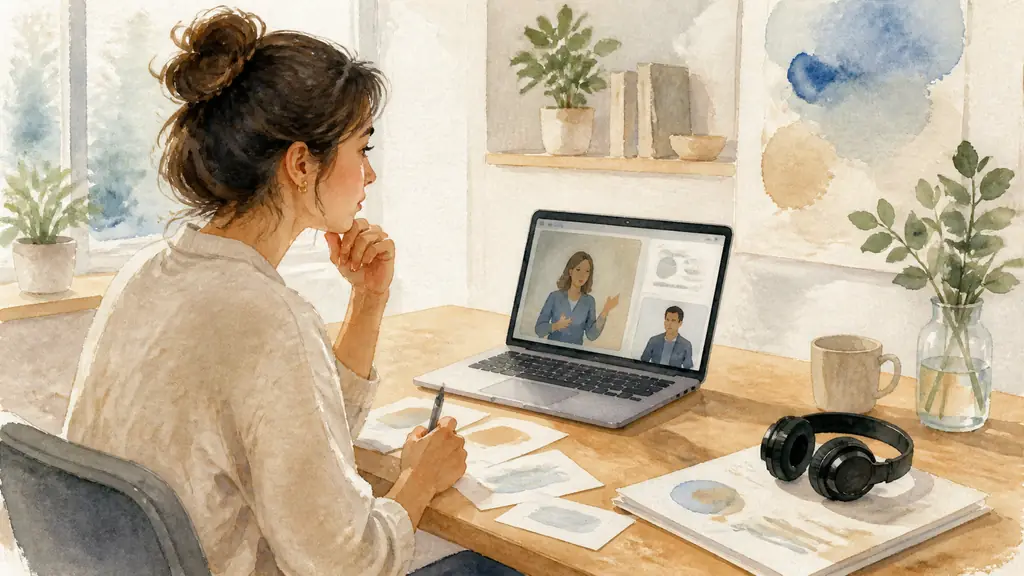 Editorial photograph of a woman in a focused video coaching session, with interview question cards beside her laptop and headphones resting on an English practice answer sheet, natural home-office light, no visible text or logo