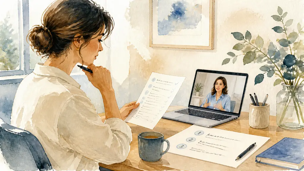 Editorial photograph of a woman reviewing a completed preparation questionnaire beside a laptop during a video coaching session, with a handwritten three-step action plan on the desk, natural daylight, no visible text or logo