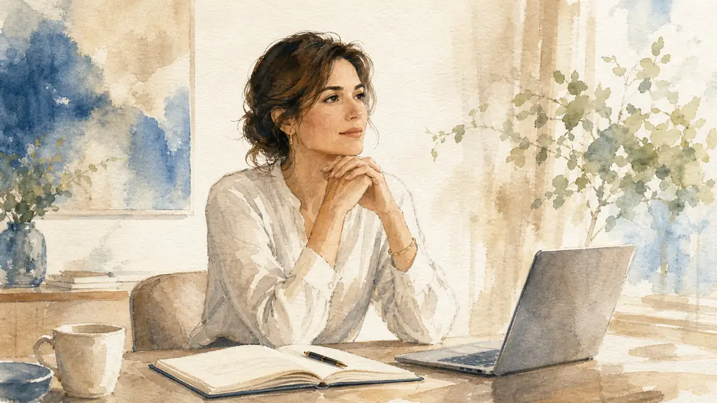 editorial photo of a competent woman in her late thirties sitting at a desk after a meeting, calm but introspective expression, soft natural light, notebook and laptop open, modern warm interior, realistic photography, no text, no logo