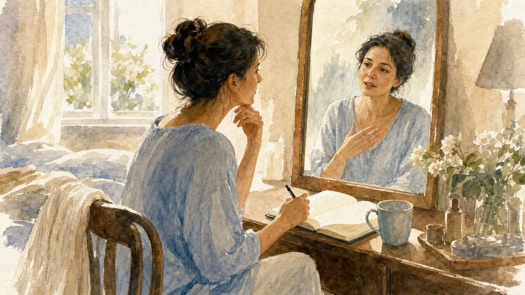 editorial photo of a woman in her late thirties at home writing in a journal, practicing speaking softly to herself in a mirror, warm natural light, calm focused atmosphere, realistic photography, no text, no logo