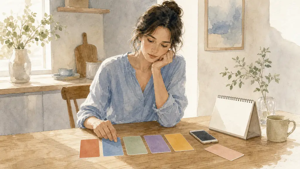 Editorial photograph of a woman at a wooden kitchen table sorting five color-coded cards, placing one beside an open calendar and a smartphone, soft natural morning light, no visible text or logo