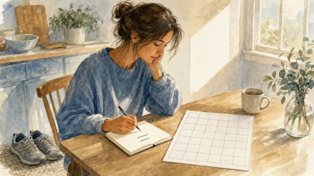 Editorial photograph of a woman at a kitchen table writing two observations in a small notebook beside a thirty-day calendar, with walking shoes near the chair and soft Sunday morning light, no visible text or logo