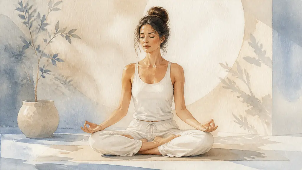 Editorial photograph of a woman holding a seated yoga posture with hands resting on her knees, eyes closed while observing her breath, soft sunlight and moonlike shadows creating a balanced atmosphere, no text or logo