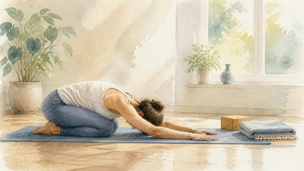 Editorial photograph of a beginner practicing child's pose on a yoga mat beside a cork block and folded blanket, in a quiet sunlit studio, no text or logo