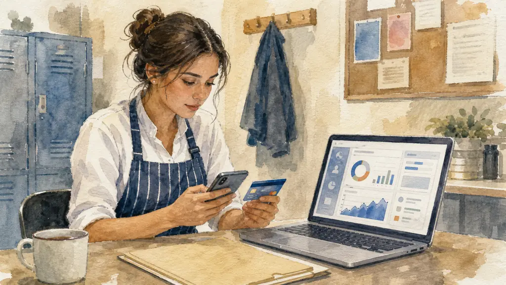 Female restaurant employee in a staff room checking a digital third-party payment card on her smartphone beside an open laptop displaying an unbranded claims dashboard, with a personnel folder nearby, editorial photography, no text, no logo