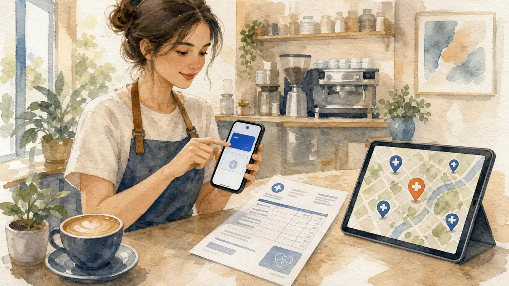 Female café employee adding a digital third-party payment card to her smartphone Wallet beside a photographed medical invoice and a nearby healthcare professional map, editorial photography, no text, no logo