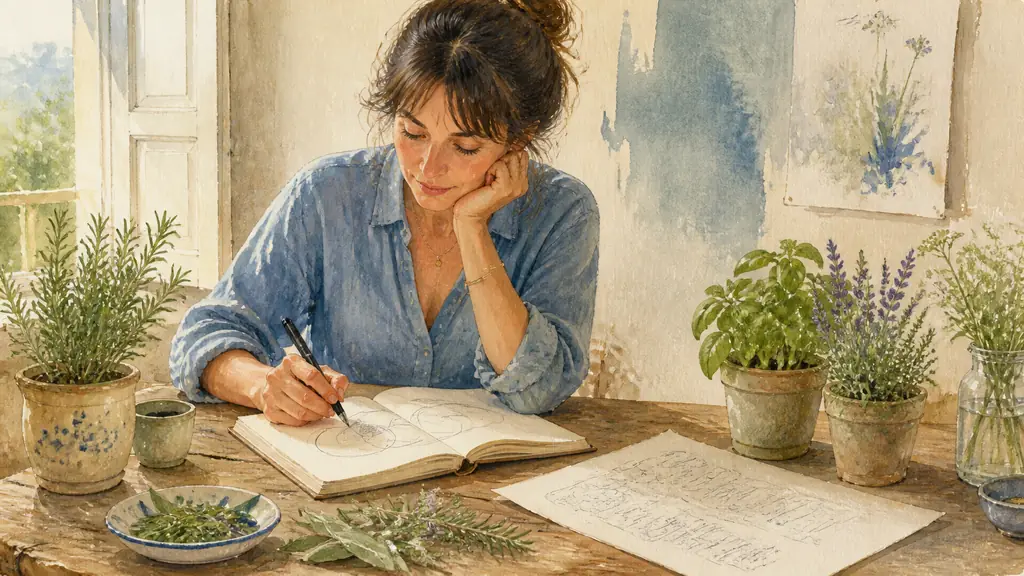 French woman at a wooden table filling in overlapping circles in a notebook, beside gardening herbs and a handwritten workshop plan, warm natural daylight, editorial photography, no visible text or logo