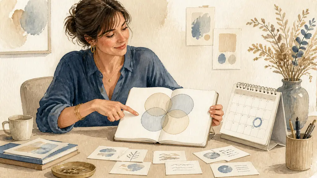 French woman highlighting four overlapping circles in a notebook, with handwritten keyword cards and a calendar showing a pilot workshop, warm editorial photography, no visible text or logo